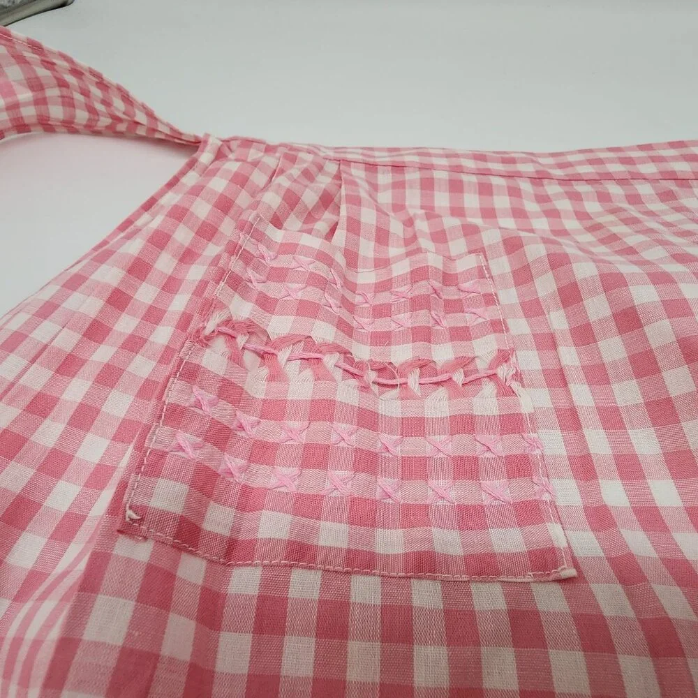 Vintage Handmade Pink & White Gingham Apron With Pocket & Bow Tie